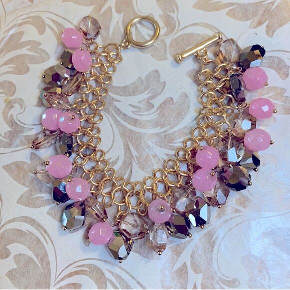 Aurora Borealis & Pink Glass Bracelet on Gold Tone Chain 8” Vintage Gorgeous - Picture 3 of 7